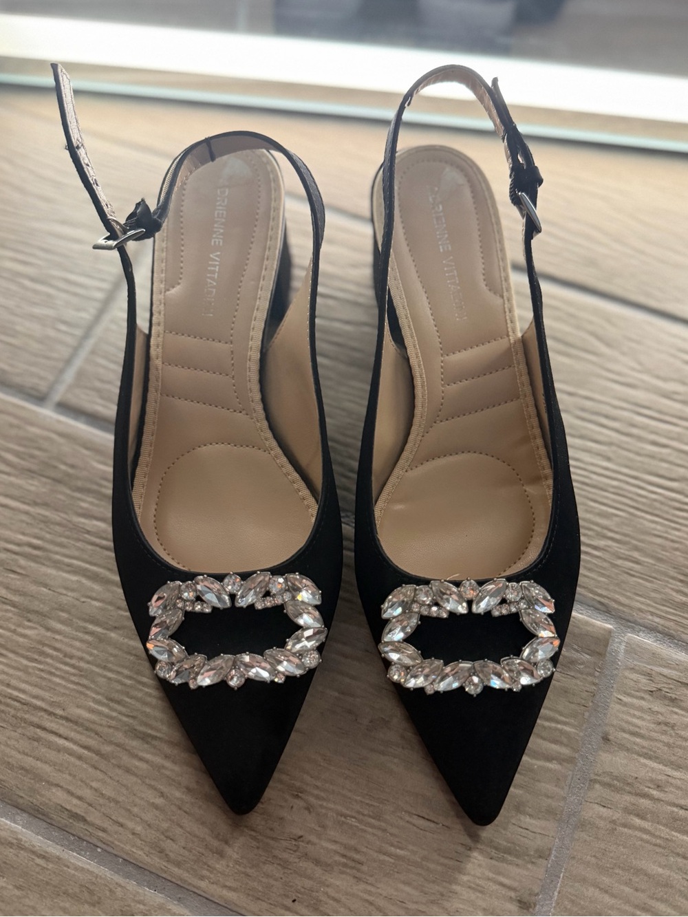 Adrienne Vittadini Black Pointed Slingback Mules with Crystal Buckle